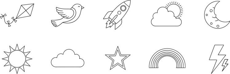 Fototapeta premium Set of hand drawn weather and sky icons including sun moon rocket bird and clouds