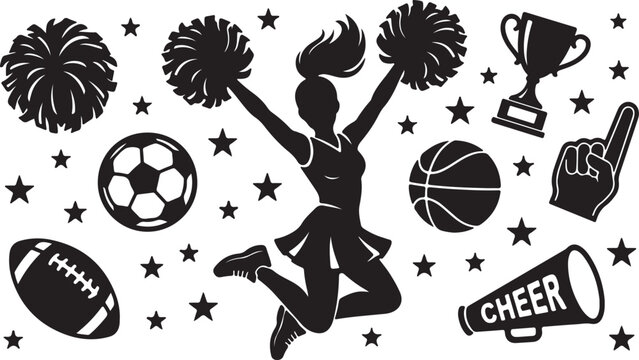 Black silhouette of cheerleader with sports icons