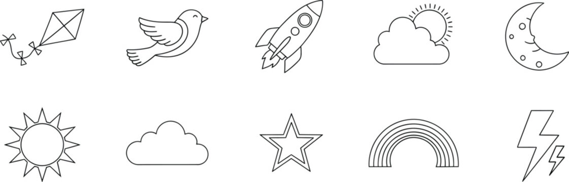 Set of hand drawn weather and sky icons including sun moon rocket bird and clouds