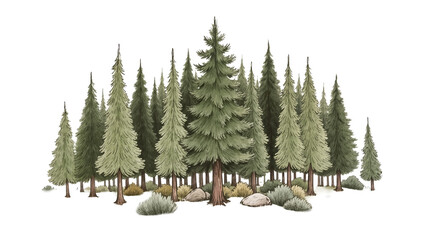 Obraz premium Dense evergreen forest with various pine trees and rocks, isolated on transparent background