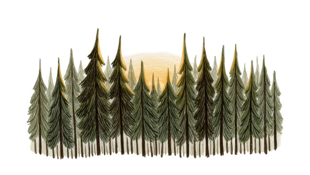 Dense evergreen forest with a soft yellow sunset glow, isolated on transparent background