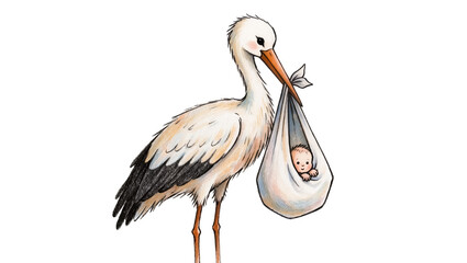 Fototapeta premium White stork carrying a baby in a cloth bundle, isolated on transparent background