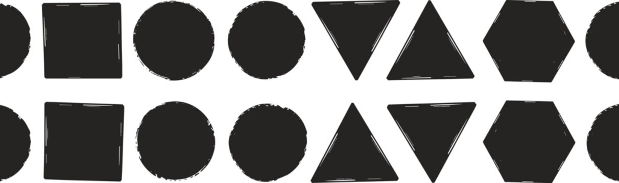 Set of black geometric shapes including circles squares triangles and hexagons with a distressed ink stamp texture arranged in two horizontal rows on a white background