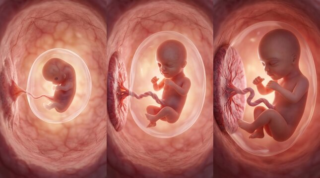 Fetal development stages showing the growth of a child inside the uterus. Three timeline phases of human pregnancy from embryo to fetus. Medical visualization of prenatal gestation.