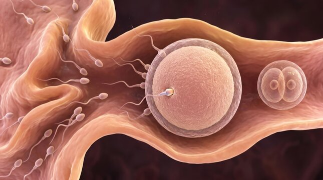 Spermatozoa fertilizing an egg cell inside a fallopian tube. Process of human conception and early embryo cell division. Medical animation of biological reproduction and pregnancy.