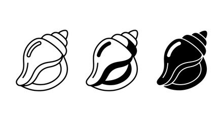Minimalist seashell icon set, black conch shell vector graphics, 3 marine snail line art symbols © Rahul