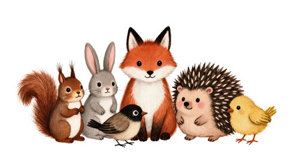 Obraz premium Cute forest animals group including fox hedgehog squirrel rabbit bird and chick, isolated on transparent background