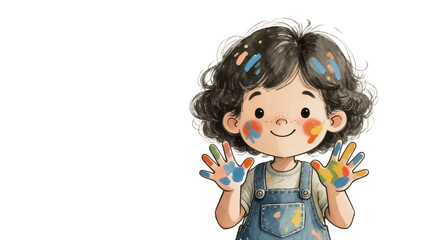 Joyful child with messy paint splatters on face and hands, isolated on transparent background