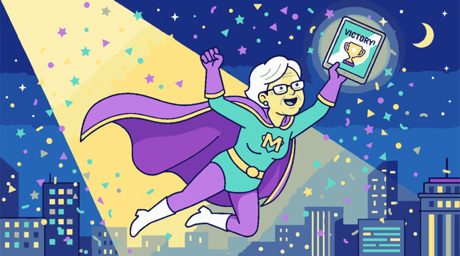 Cartoon superhero grandmother flying with a tablet showing a trophy icon.