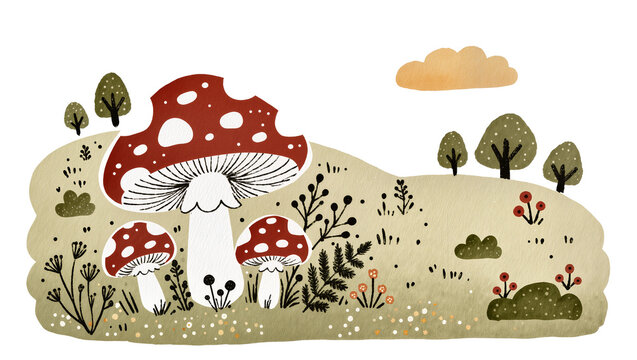 Red and white spotted mushrooms with foliage and trees, isolated on transparent background