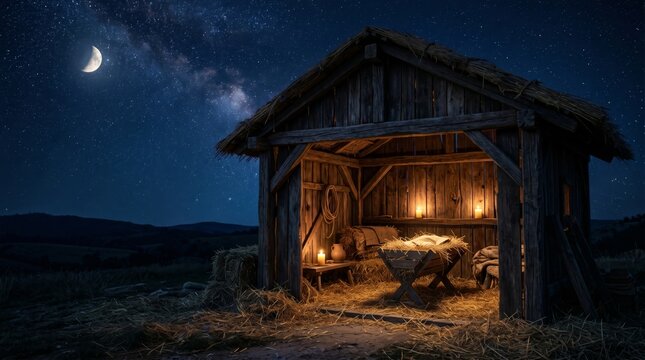 Christmas nativity scene inside a wooden stable at night. Baby Jesus manger under a starry sky with a crescent moon. Traditional religious celebration of hope and peace.