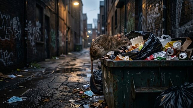 Brown rat searching for food in trash bin inside dark city dark alley. Urban wildlife scavenging in garbage container. Environmental pollution and pest control problem in gloomy street.