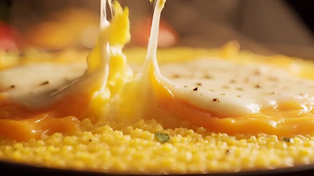 Delicious Melted Cheese Stretching Over Golden Polenta CloseUp.