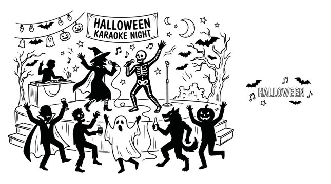 Halloween karaoke party with dancing monsters and ghosts sketch illustration.