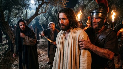 Fototapeta premium Arrest of Jesus Christ in the Garden of Gethsemane. Roman soldier capturing man in biblical robe. Dramatic historical scene representing betrayal during the Passion of Easter.
