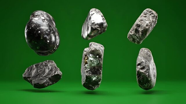 Collection of six raw mineral stones floating against a green background.
