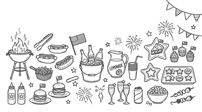 Hand drawn doodle set for 4th of July Independence Day celebration.