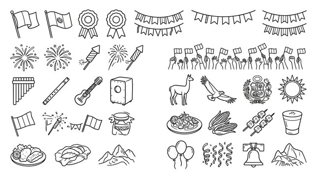 Hand drawn doodle set for Peruvian Independence Day celebration.