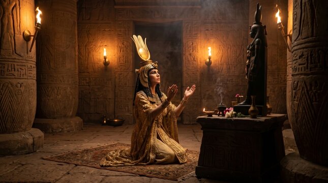 Egyptian queen praying to deity statue in ancient temple. Woman dressed as pharaoh kneeling on floor with candlelight and incense. Historical reenactment of religious ritual ceremony.