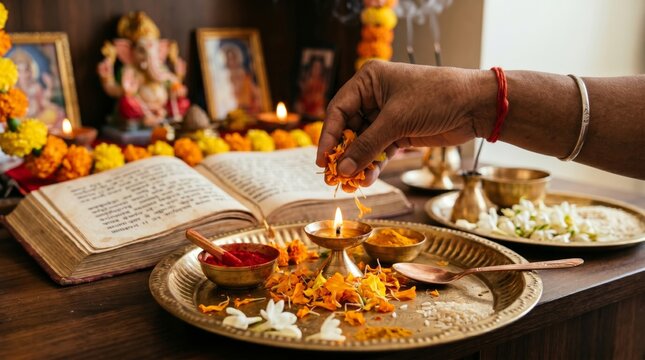 Indian man performing religious ritual at home altar. Devotee offering flowers to burning diya lamp during Diwali puja. Spiritual tradition, worship and cultural celebration ceremony.