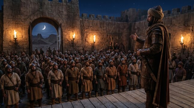Man warrior leader addressing audience of soldiers in ancient military fortress. Medieval commander giving speech to army at night before battle with crescent moon in desert background.