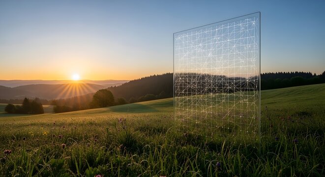 A large glass panel with a network pattern stands in a serene green field at sunset, surrounded by trees and hills under a clear blue sky with sun rays, symbolizing technology and nature connection.