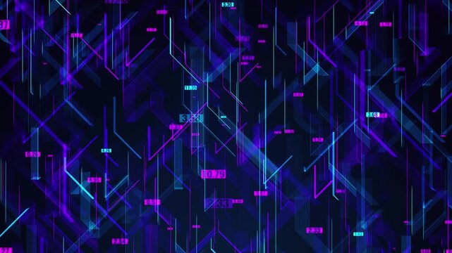 An abstract animation of digital data using neon lines and numeric markers against a dark background. The animation conveys the dynamics of technological development, financial indicators, and big dat