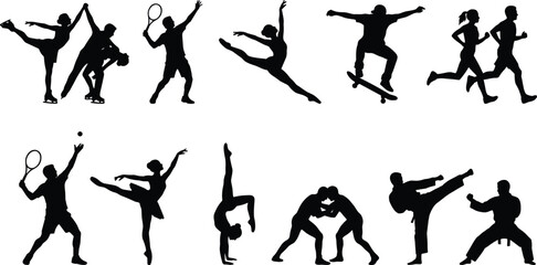 Fototapeta premium Silhouetted people performing various sports and fitness activities in black silhouettes exercise de