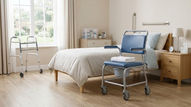 Bedroom with commode chair and walker for elderly patient. Mobility aid equipment in home care environment. Supportive furniture for disabled individual recovery, health and wellness assistance.