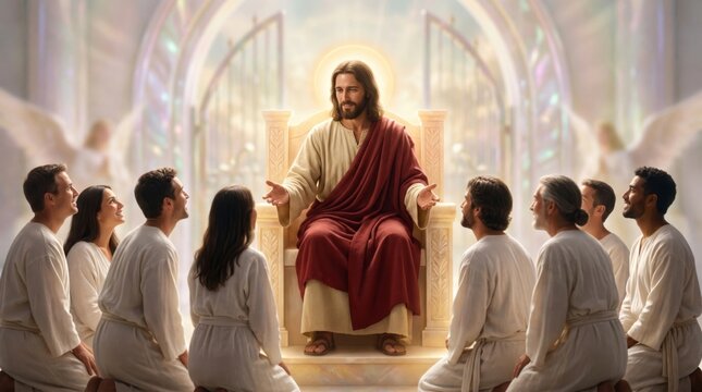 Jesus Christ sitting on a throne surrounded by a group of diverse followers praying in heaven. Religious scene of worship and spiritual connection. Concept of faith, peace and divine love.