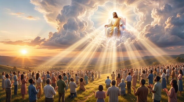 Jesus Christ sitting on a heavenly throne in the sky with a large crowd of people praying below. Religious scene depicting the second coming or rapture. Christian spiritual worship.