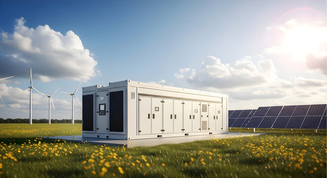 Large industrial battery energy storage system container in a field with wind turbines and solar panels under a sunny blue sky