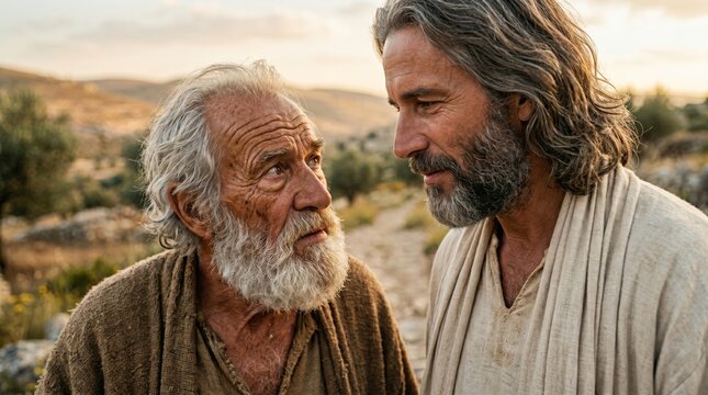 Old man talking to a middle aged man in biblical attire. Dialogue between two men in a landscape. Religious scene representing a sage and a follower. Ancient history and faith concept.