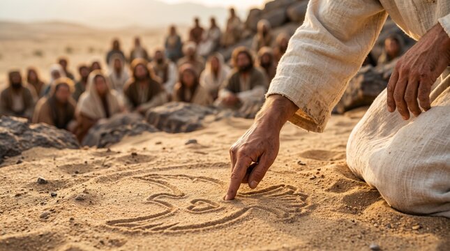 Man drawing dove in sand with large group of people watching. Biblical scene depicting Jesus sharing message of peace. Religious historical narrative, spiritual inspiration and faith.
