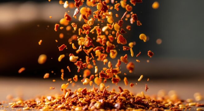 Vibrant red and orange chili flakes explosively scatter and settle on a surface.