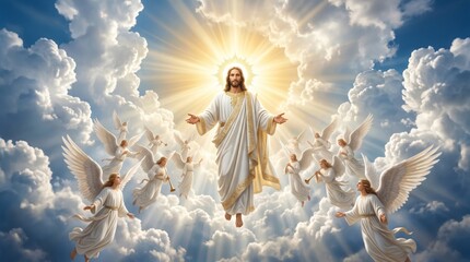 Naklejka premium Jesus Christ ascending into heaven surrounded by angels. Religious scene depicting the resurrection with divine light in the sky. Spiritual concept of salvation and faith in Christianity.