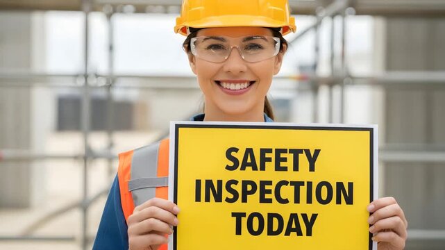 A female construction worker holds a safety inspection sign, representing safety and workplace compliance.