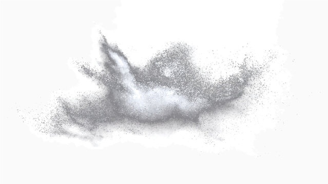 Abstract swirl fine grey particulate matter, chaotic motion, dynamic dispersion, evoking energetic atomization.