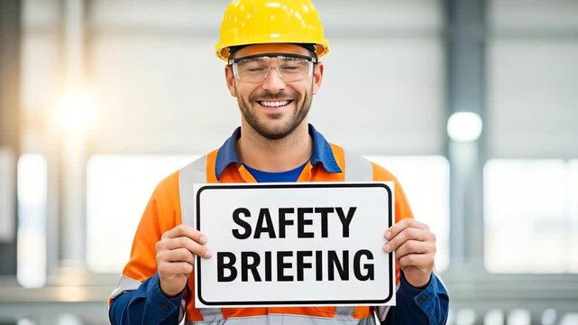 A smiling worker holding a Safety Briefing sign at a construction site for the concept of workplace safety and industrial work.