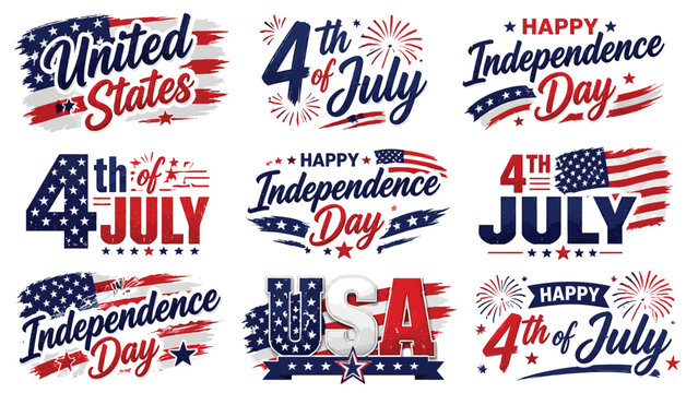Vibrant 4th of july and independence day graphic designs with patriotic american flags and starry motifs on white