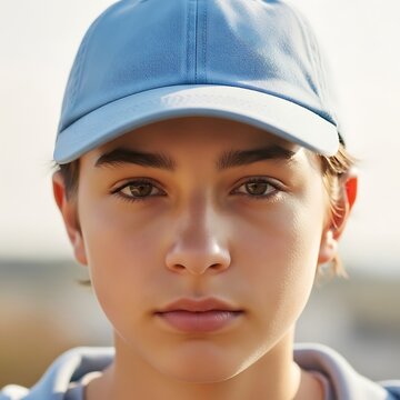 Serious Young Person Wearing Blue Baseball Cap in Soft Outdoor Light