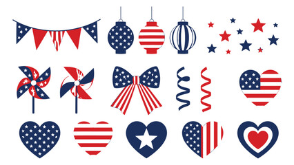 Obraz premium Patriotic independence day celebration elements featuring stars stripes bows and hearts on white background