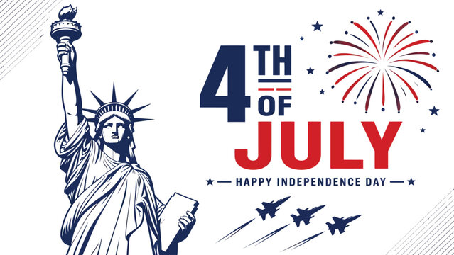 Patriotic 4th of july celebration banner featuring statue of liberty illustration and fireworks graphic