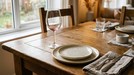 Fototapeta premium Dining table setting with empty glass plates and wine glass indoors