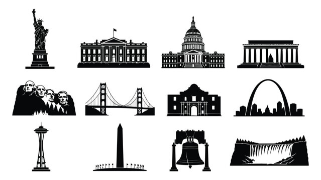 American landmarks and iconic monuments in black silhouette