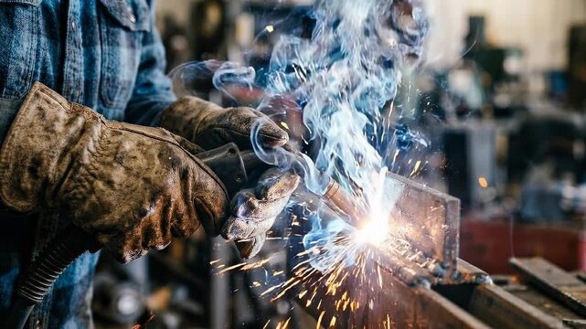 Tracking shot of welder hands welding and cutting metal with torch producing sparks and smoke in industrial workshop