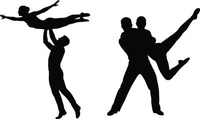Two silhouetted dancers performing contemporary ballet moves in black and white contemporary dance d © ROHIMA