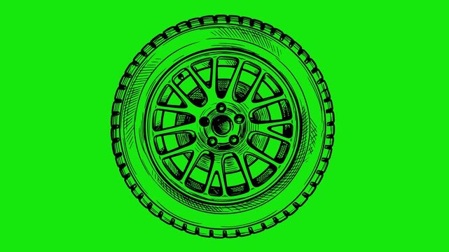 hand drawn style animation of a car wheel spinning in a continuous loop with black fill lines over a chroma key green screen background for video editing production