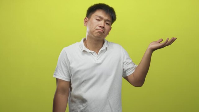 Man shrugging with palm up gesture in studio wearing white polo and tilted head, expression of mild doubt; uncertainty questioning doubt.