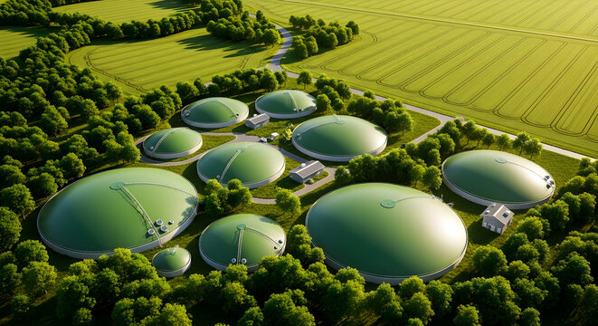 Aerial view of a large biogas plant facility with green dome digesters in a rural landscape